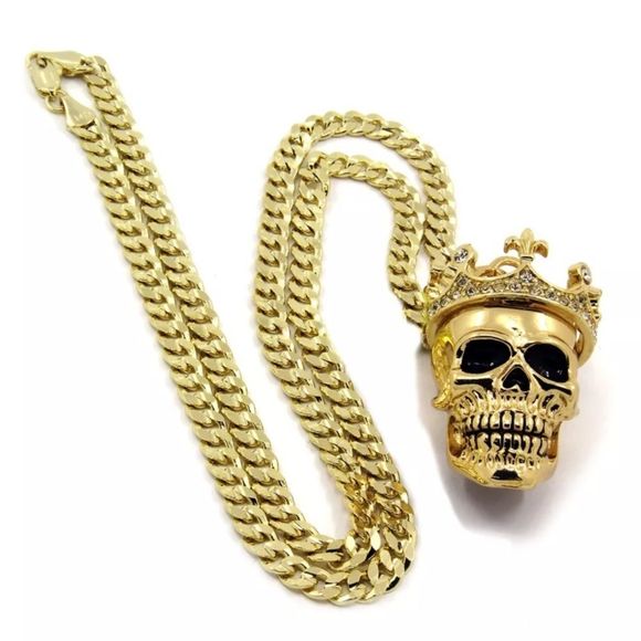 14K Iced Out Skull & 24” Cuban Link Chain - Picture 2 of 4